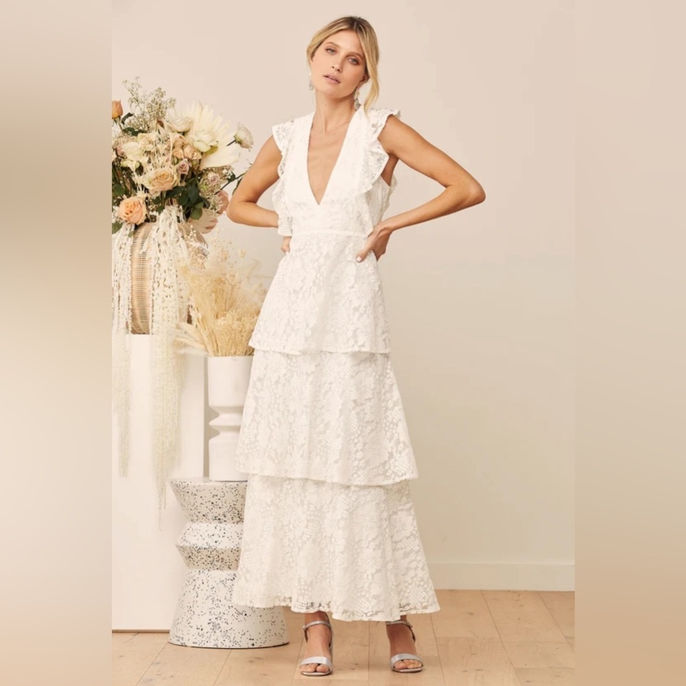 White lace ruffled tiered maxi dress